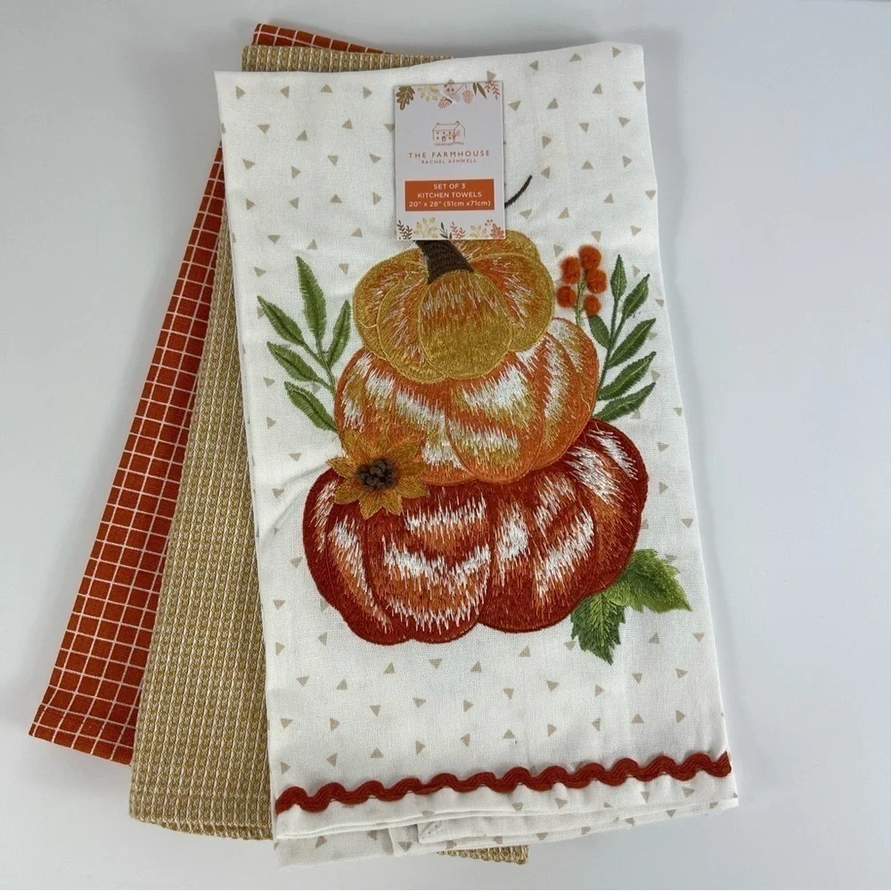 Rachel Ashwell The Farmhouse Pumpkins Kitchen Towels (3) Halloween Fall NEW